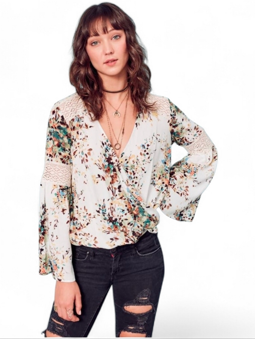 LOVESTITCH Floral Boho Flowy Faux Wrap Top - Large
